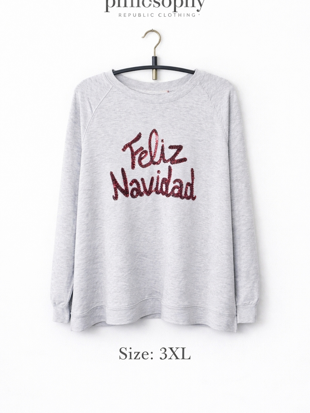 Philosophy Light Gray Sweatshirt with Red Sequin Script Holiday Detail